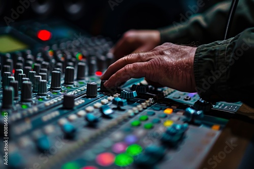 A close-up shot of an audio specialist adjusting controls on a studio mixing console
