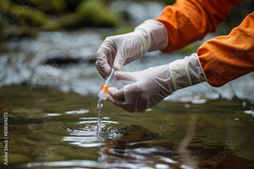 Researcher in orange jacket and white gloves carefully dips pipe into river