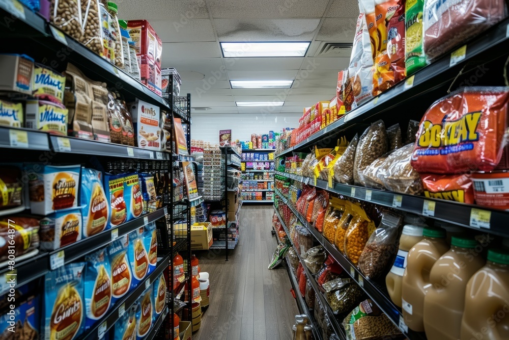 A well-stocked grocery store with neatly arranged shelves filled with various food items under bright lighting