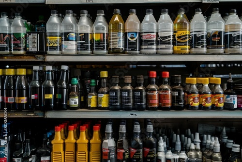 A shelf in a store filled with a variety of different types of bottles  including motor oils and other liquids