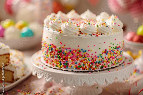 A birthday cake covered in white frosting and colorful sprinkles