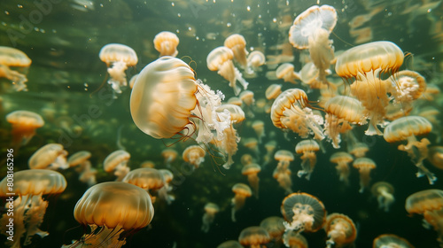 Colorful jellyfish floating in the sea water