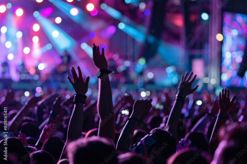 A large group of people at an open-air concert, enthusiastically raising their hands in the air while facing the stage