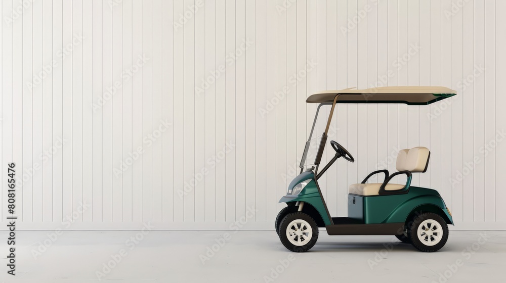 A lone green golf cart sits in an empty white room.