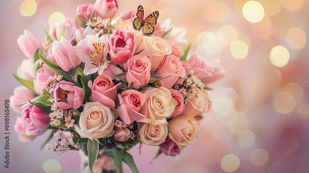 bunch of fresh pink roses andwtite tulips flowers with butterflies on bokeh background bunch of fresh pink roses andwtite tulips flowers with butterflies on bokeh background