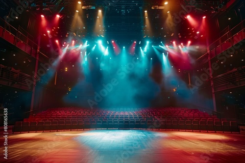 Unoccupied concert hall filled with intense stage lights shining brightly, creating a vibrant atmosphere © Ilia Nesolenyi