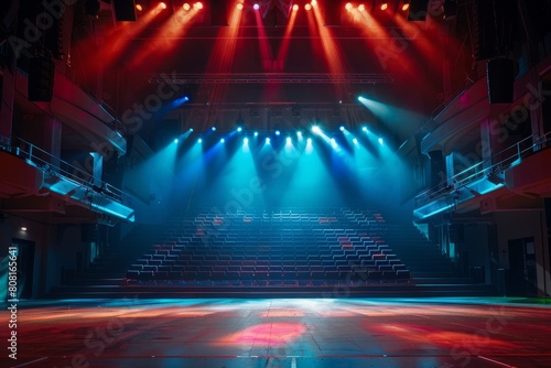 A wide-angle view of a stage in a concert hall with intense lights beaming across, creating a vibrant atmosphere photo