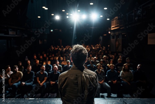 A man standing in front of a crowd delivering a monologue with a spotlight shining on him photo