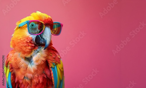 Striking portrait of a vividly colored macaw wearing fashionable sunglasses against a bright pink background