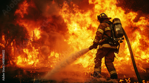 Heroic firefighter battling fierce inferno amidst a blaze, embodying courage under fire.