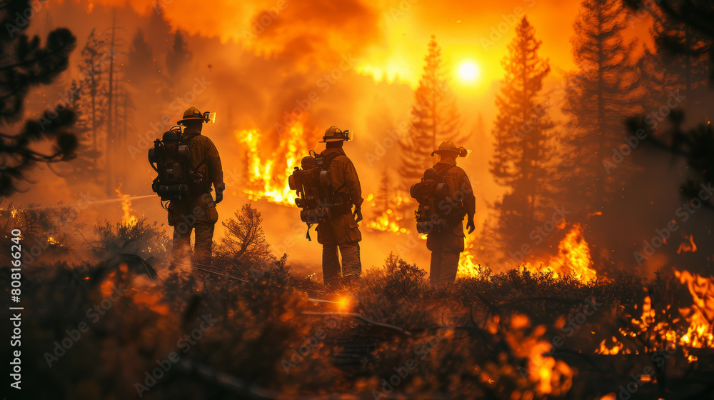 Fototapeta premium Firefighters in silhouette against a wildfire's glow, poised in the line of duty.