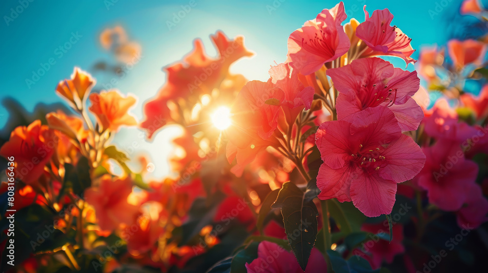 Sun-kissed azalia red flowers evoke a sense of warmth in a romantic floral display. Sun-kissed azalia red flowers evoke a sense of warmth in a romantic floral display.