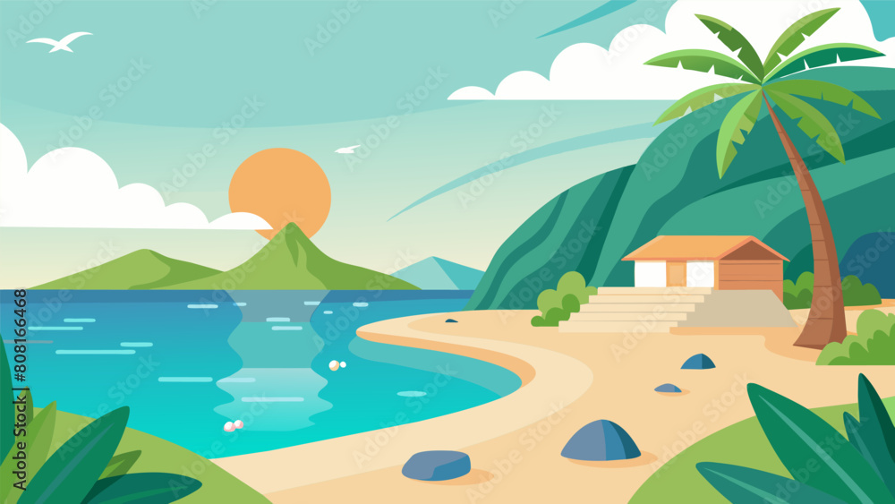 A secluded beach cove transformed into a zen oasis for a weekend of yoga meditation and rejuvenation.. Vector illustration