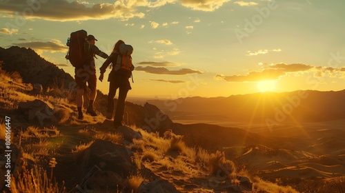 Golden Journey - Teamwork in Mountain Trekking at Sunset 