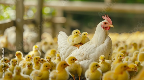 Mother Hen Nurturing Yellow Chicks in Sunny Farmyard
