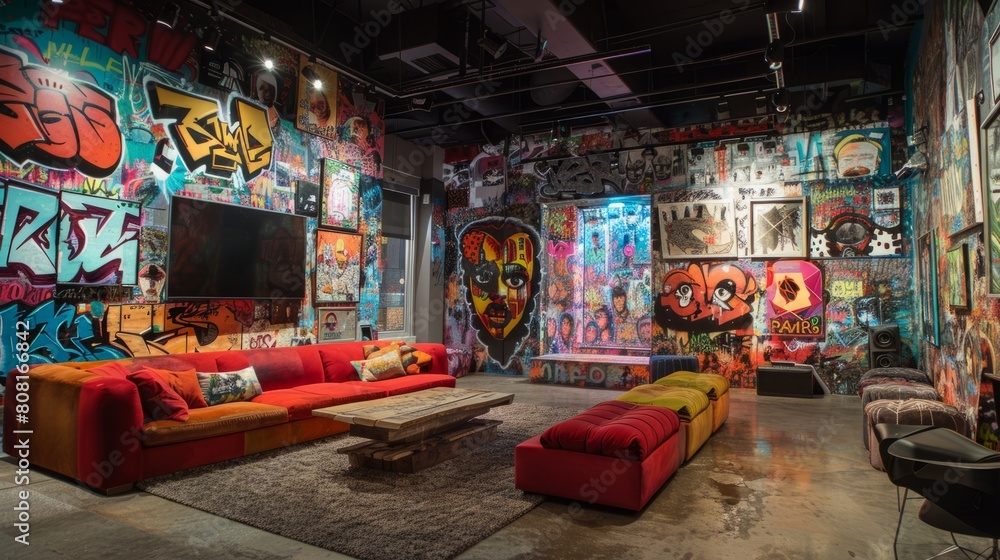 urban graffiti art, unique blend of graffiti styles and techniques combined in an energetic and visually dynamic way in the interior space