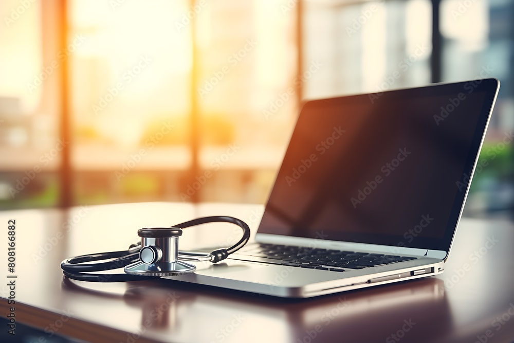 Fototapeta premium Stethoscope on laptop computer screen. Medicine and healthcare concept. 3D Rendering
