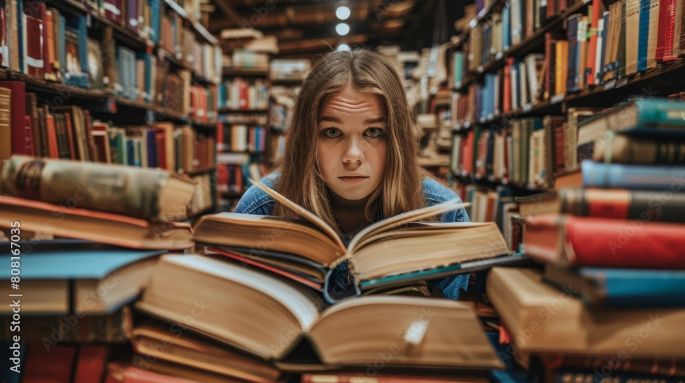 A woman intently reads in a library, surrounded by towering stacks of books She glances up at the camera A woman intently reads in a library, surrounded by towering stacks of books She glances up at the camera