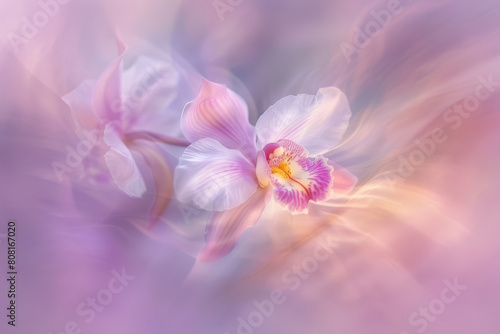 Ethereal orchid whispers with delicate soft hues of pink and purple  captured in a close-up macro photography with a blurred background  showcasing the beauty and grace of this floral bloom