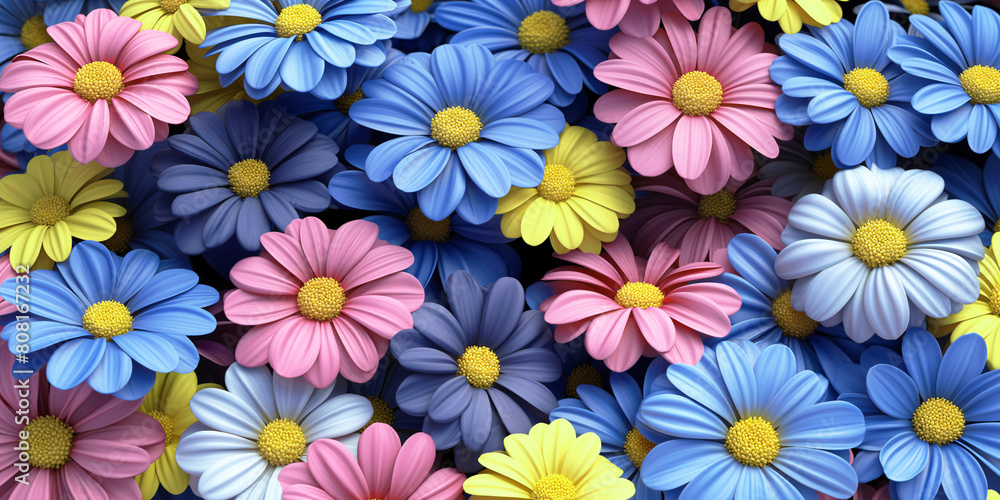 Bright floral background of multi-colored daisies