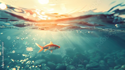   A fish swims near the ocean s surface with sunlight filtering through the water