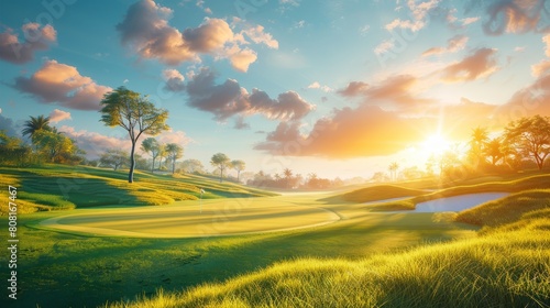  A painting of a golf course with the sun setting over the green, palms flanking the opposite side