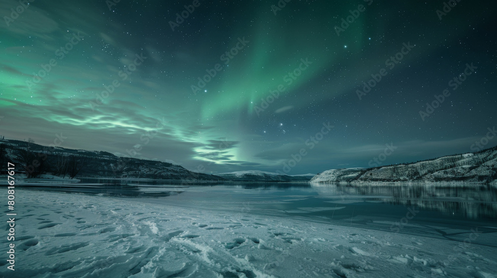 Stunning aurora borealis dancing in the night sky above a serene, icy landscape, reflecting on a tranquil, snow-covered frozen lake