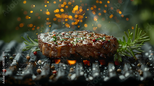 A piece of meat is being cooked on a grill with a lot of pepper and herbs on top