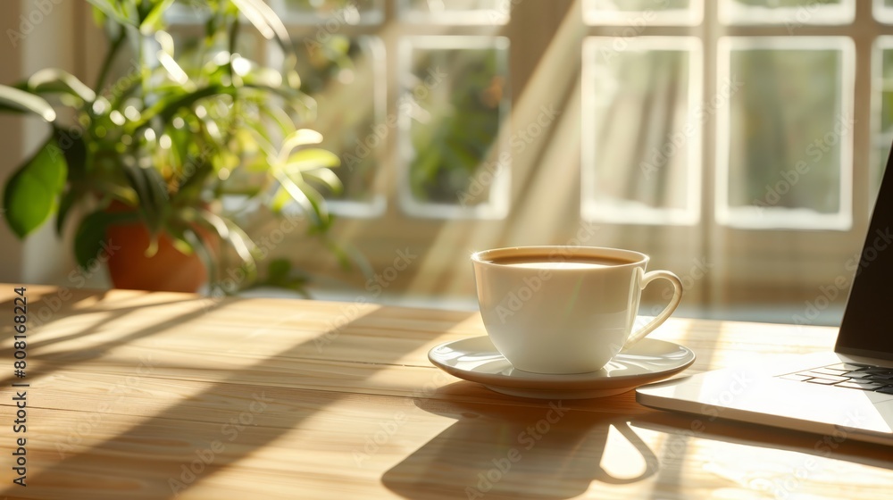 A cup of coffee rests on a saucer, adjacent to a laptop on a table before a window A cup of coffee rests on a saucer, adjacent to a laptop on a table before a window