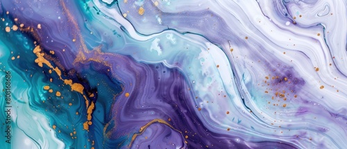 A modern marbling background comes alive with vibrant purple, blue, and white paint swirls infused with shimmering gold powder