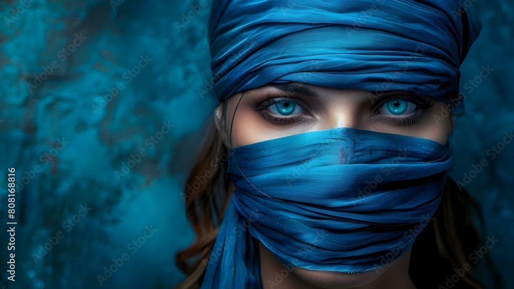 The Symbolic Representation of a Blindfolded Woman: Conveying Vulnerability and Awareness of Manipulation. Concept Symbolism, Blindfolded Woman, Vulnerability, Awareness, Manipulation The Symbolic Representation of a Blindfolded Woman: Conveying Vulnerability and Awareness of Manipulation. Concept Symbolism, Blindfolded Woman, Vulnerability, Awareness, Manipulation