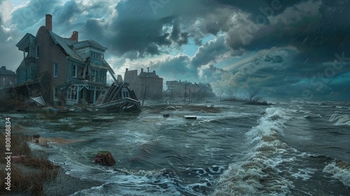 A captivating digital painting portrays a shoreline in turmoil, ravaged by hurricanes, tsunamis, erosion, and sinking landmasses worsened by climate change.
