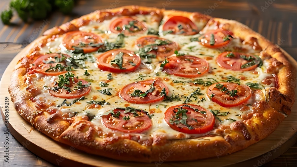 Delicious Cheese Pizza Topped with Tomatoes and Herbs on a Wooden Table. Concept Cheese Pizza, Tomatoes, Herbs, Wooden Table, Delicious Flavor Delicious Cheese Pizza Topped with Tomatoes and Herbs on a Wooden Table. Concept Cheese Pizza, Tomatoes, Herbs, Wooden Table, Delicious Flavor