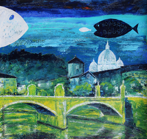 Nobiscum Deus - God with us - abstract art painting of Fishes in Rome Italy