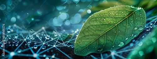A closeup of an organic leaf with digital connections and data points, representing the integration between nature's beauty and modern technology in sustainable design and materials.  photo