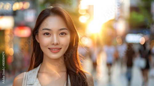  A person in a white shirt, smiling at the camera, against a backdrop of a city street