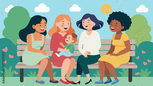 A group of mothers sit on a park bench chatting and laughing as they talk about their experiences with postpartum depression and how ketamine therapy.