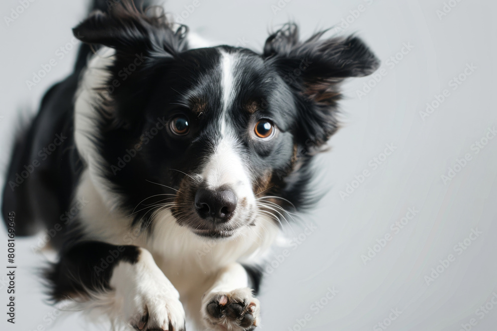 Close-up portrait of a black and white border collie gazing intently with glowing amber eyes against a soft grey background