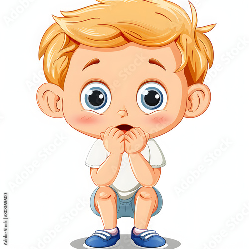 White child character feeling shy but curious isolated on white background, detailed, png 
