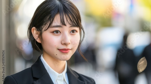   A tight shot of a smiling woman in a suit and tie  gazing directly into the camera