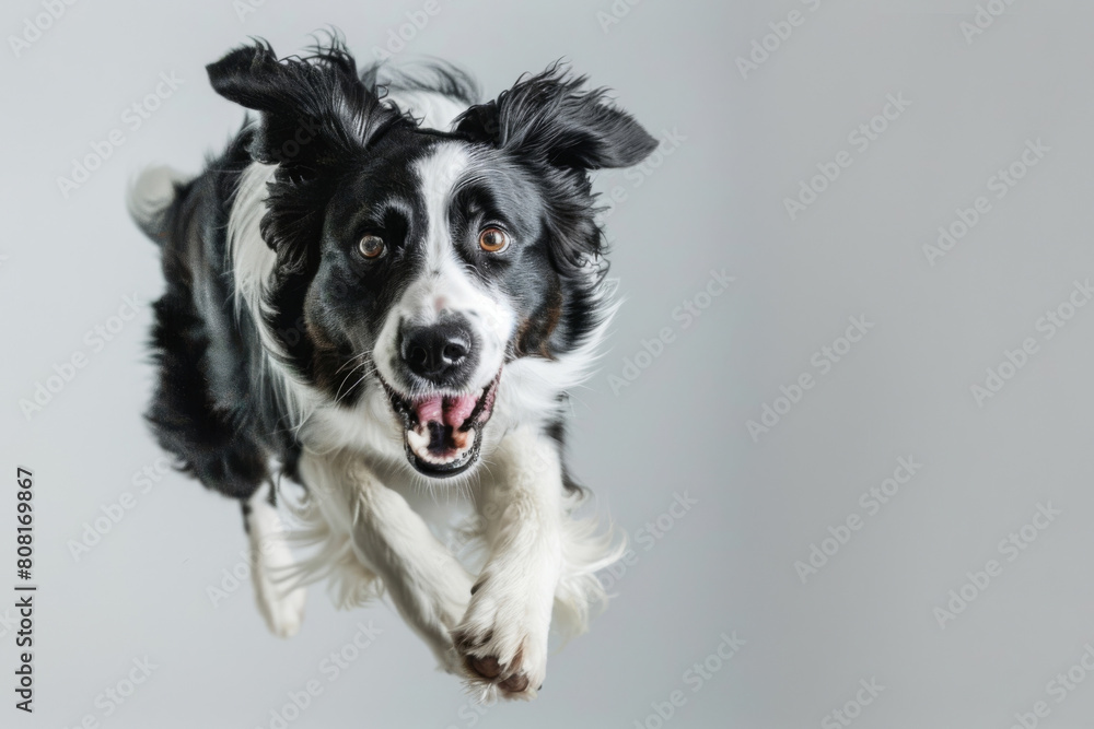 Energetic black and white border collie captured mid-jump against a grey backdrop, showcasing playfulness and joyful canine spirit
