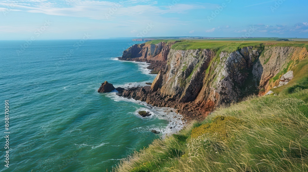 The image captures the natural beauty of a rugged coastal landscape with cliffs overlooking the sea, green grass, and a vast blue sky