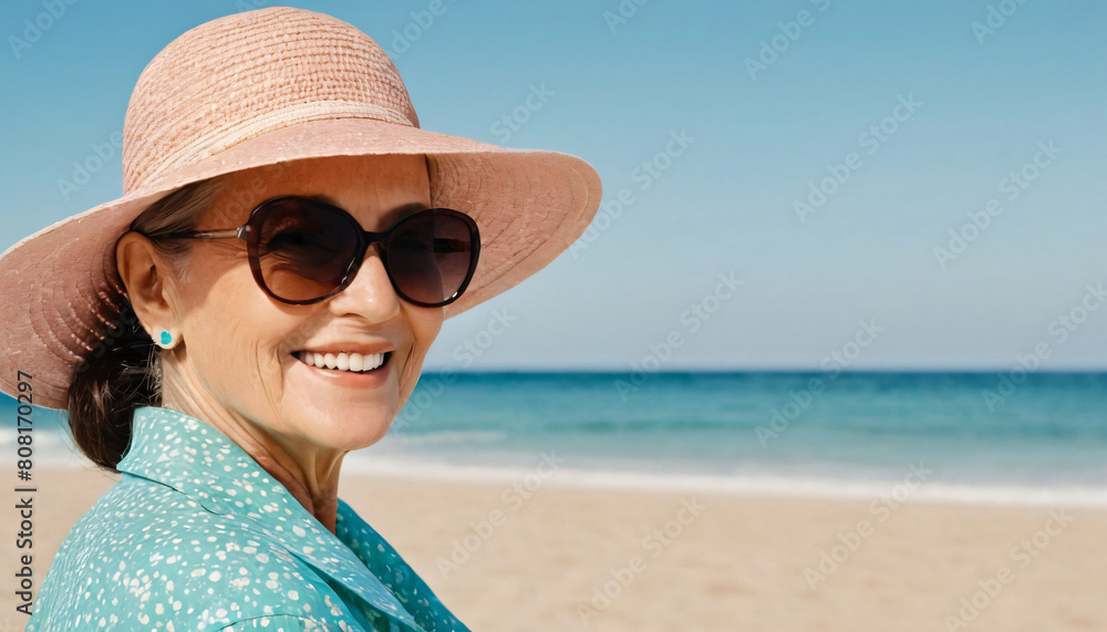 Senior woman wide smile with colorful glasses and beach hat