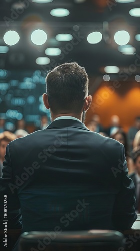 A professional man in a suit giving a speech at a conference.