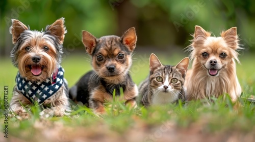  A trio of small dogs and a cat relax in the grass One dog and the cat gaze at the camera, while another dog looks away
