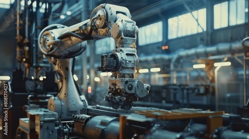 A robotic arm is welding a car part in an automotive factory. The factory is large and brightly lit  with many other robots and machines working on other car parts.