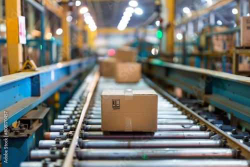 A box moves along a conveyor belt towards the camera. It is brown and has a label on it. The background is blurred. © Nathakorn