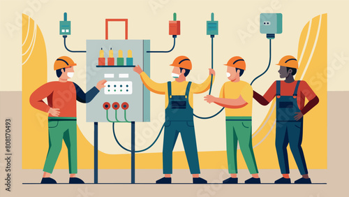 Three electricians are huddled around a large electrical panel threading multiple wires of varying lengths and colors through specialized connectors.. Vector illustration