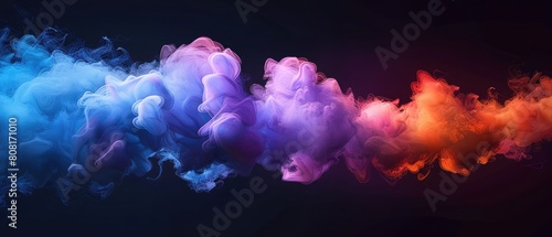 illustration of abstract purple blue orange fluffy pastel ink smoke cloud against black background photo