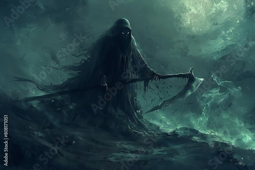 grim reaper harvesting souls dark fantasy concept ominous hooded figure with scythe digital painting illustration